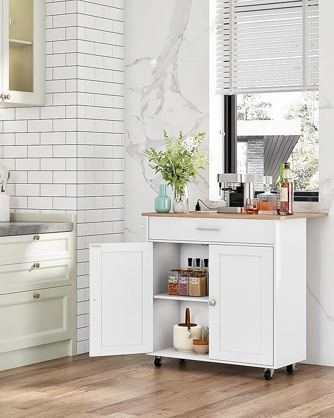 CHOEZON Kitchen Island, Kitchen Island Cart with One Double Cabinet and Drawer, Rolling Storage Cart with Power Strip, with Drop Leaf, for Kitchen, Living Room, White and Natural MZD01UWNN1