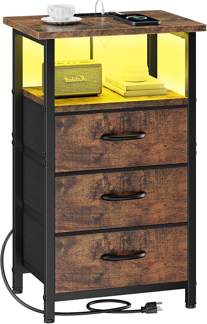 Vagusicc Night Stand with Charging Station, LED Nightstand for Bedroom, Bedside Table with 3 Fabric Drawers, End Table Side Table with USB Ports and Outlets, Bed Side Table for Bedroom, Rustic Brown