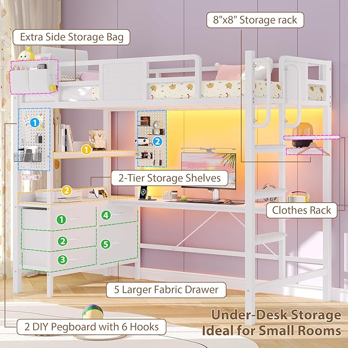 Dnxao Loft Bed Twin Size with L-Shaped Desk, Heavy-Duty Metal Twin Loft Bed with 5 Storage Drawers, LED Lights & Charging Station, Reinforced Stable Structure for Small Room Dorm Apartment, White