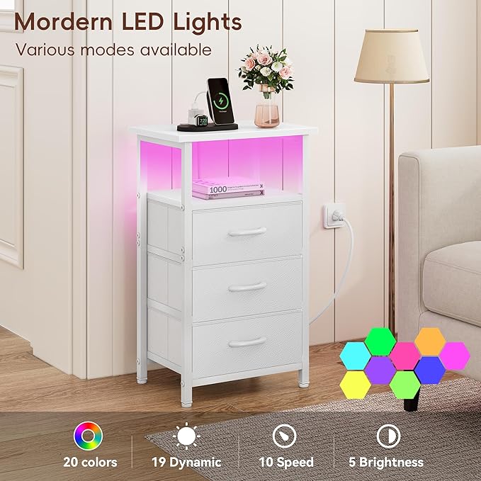 Vagusicc Night Stand with Charging Station, LED Nightstand for Bedroom, White Bedside Table with 3 Fabric Drawers, End Table Side Table with USB Ports and Outlets, Bed Side Table for Bedroom, White