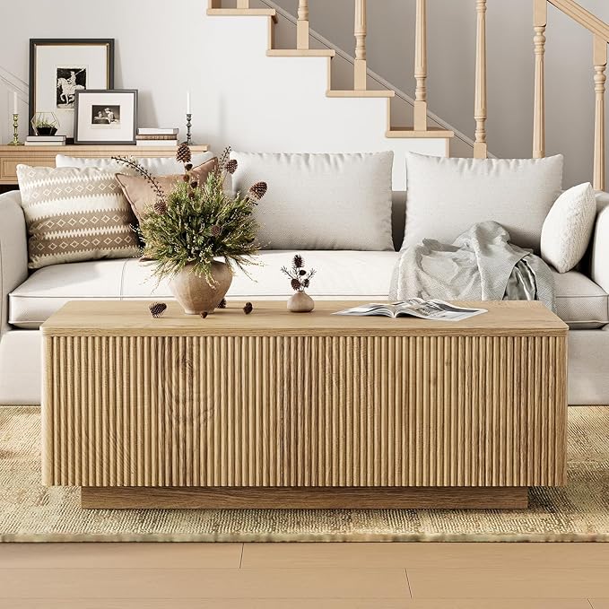 FABATO Mid Century Modern Coffee Table, Wooden Fluted Center Table with Large Hidden Compartment, 41.7” Rectangle with Round Corners, Lift Up Farmhouse Wood Table for Living Room, Home Office, Wood