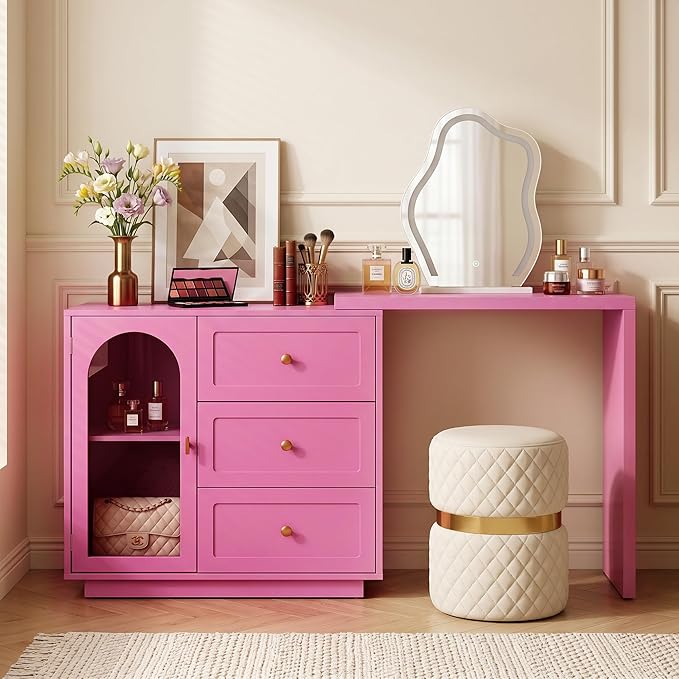 RoyalCraft 59" Makeup Vanity Desk, Pink Vanity Dresser, L Shaped Corner Vanity Table with 3 Drawer & 1 Door, Modern Extendable Dressing Table for Bedroom, Dressing Room, Small Space (Without Mirror)