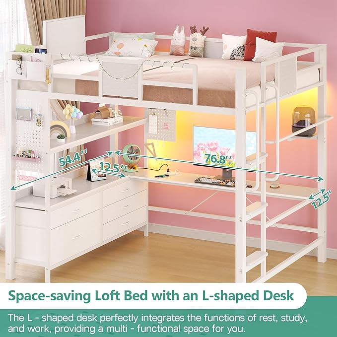 BYSAUD Loft Bed with Desk, Full Size loft Bed, Loft Beds Full Size with Stairs&5 Fabric Storage Drawers,Charging Station&LED Lights,Removable Guard Ladder, Noise Free, No Box Spring Needed (White)