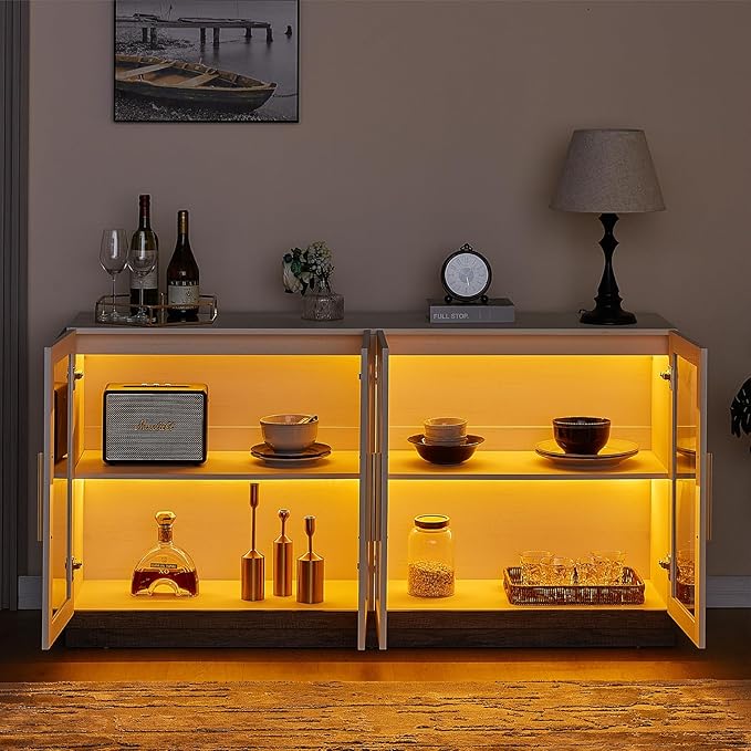 AMERLIFE Sideboard Buffet Cabinet, Mixed Color Accent Cabinet with LED Lights, Modern Glass Doors Storage Cabinets with Adjustable Shelf, Console Table for Dining, Living Room, White and Grey