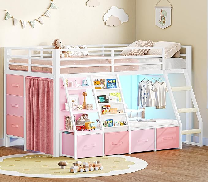 MSmask Low Loft Bed with 7 Storage Drawers & Reading Nook, Kids Twin Loft Bed with Bookshelf, LED Lights & Safety Guardrail, Loft Bed Twin Size with 35.8''H Play Space, Inclined Ladder, White & Pink