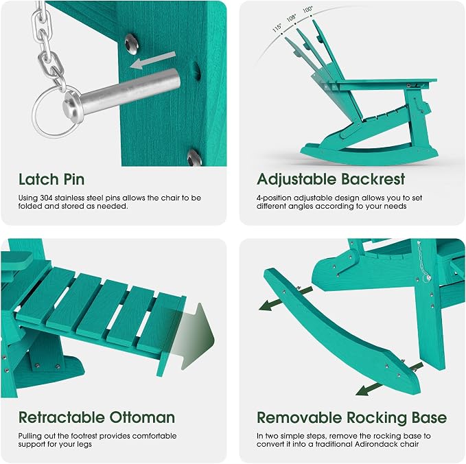 Adjustable Adirondack Rocking Chair with Retractable Ottoman Footrest, 4-in-1 Foldable HDPE Outdoor Rocker, Weather Resistant Adirondack Chair for Porch, Garden & Poolside, Lake Blue