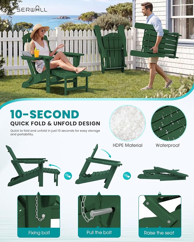 SERWALL Folding Adjustable Adirondack Chair with Footrest, HDPE Outdoor Chair with 4-in-1 Cup Holders, All Weather Adirondack Chair with Ottoman, Green