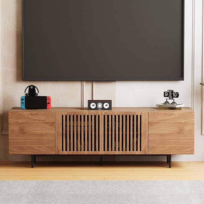 70.87" Mid Century Modern TV Stand, Walnut Media Console for 70 Inch TVs, Entertainment Cabinet with 4 Storage Compartments for Living Room or Bedroom