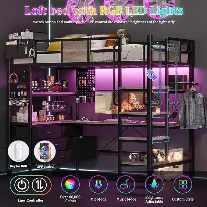 busyaeh Loft Bed Twin Size,Loft Bed with Desk & RGB LED Lights and Charging Station,Bunk Bed with Desk and 5 Storage Drawer Cabinets and 2 Open Shelves,Twin Loft Bed No Box Spring Needed,Oak Gray