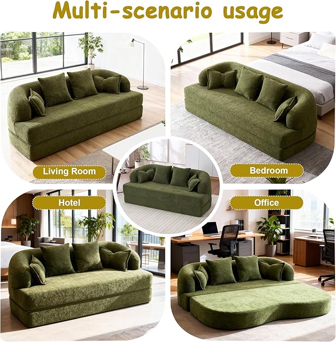 70" Convertible Sofa Bed, 2-in-1 Boneless Sleeper Sofa, Soft Chenille Folding Sofa Loveseat with 4 Pillows, Love Seat Small Couch for Small Spaces, Living Room, Bedroom, No Assembly