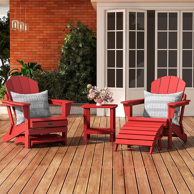 SERWALL Folding Adirondack Footrest, All Weather Adirondack Ottoman Without Assembly, Red