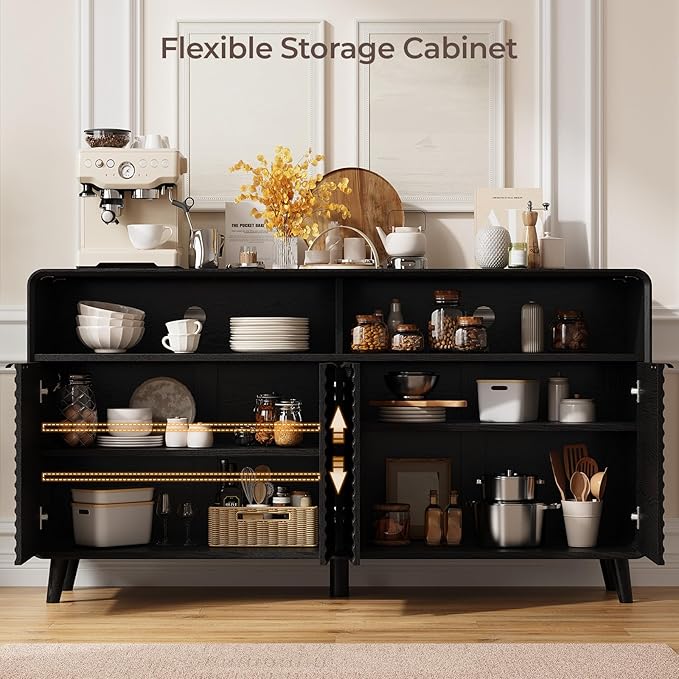 61" Sideboard Buffet Cabinet with Open Storage & 4 Doors, Large Coffee Bar Cabinet with Adjustable Shelves, Mid Century Modern Fluted Buffet Cabinet for Kitchen, Living Room, Black