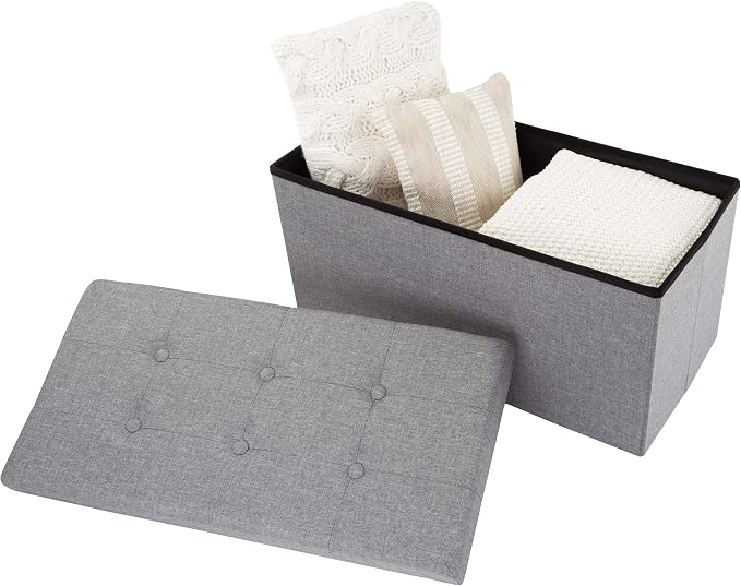 Lavish Home Folding Storage Ottoman - Set of 2 30-Inch Tufted Footrest, Linen Chest, or Bench with Removable Bin for Living Room, Bedroom, or Dorm (Light Gray)