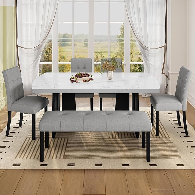 Merax 6-Piece Dining Table Set for 6, Modern Faux Marble Oval Kitchen Tabletop with Four Upholstered Chairs and One Bench for Dining, Living Room, Kitchen, Easy Assembly, White+ Gray