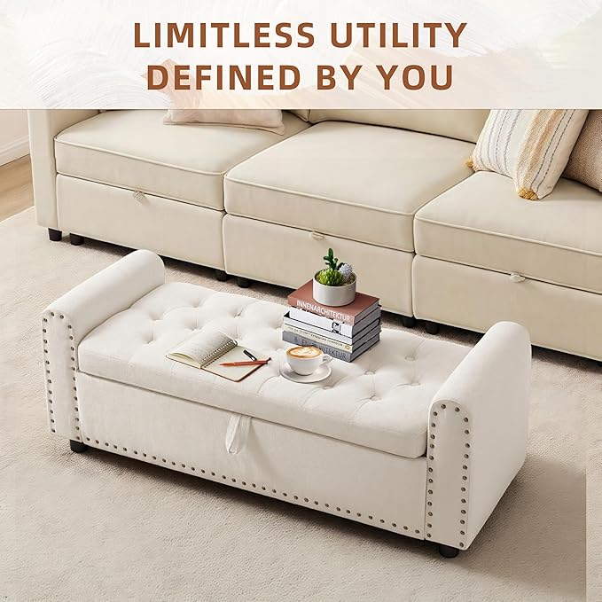 48" Ottoman with Storage, Tufted Storage Ottoman Bench, Convenient Living Room Fabrics Bench Seat, Entryway Shoe Benches with Inner Zipper & Arm, Upholstered Window Seat Ottomans with Rivets, Beige