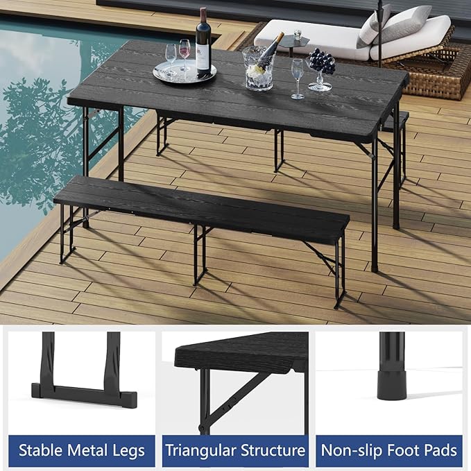 Folding Table with 2 Benches Set, 6FT Picnic Table with 2 Chairs, 3pcs Plastic Camping Tables and Foldable Bench Sets Indoor & Outdoor for Party, Camping, Picnic, Wedding, BBQ, Black