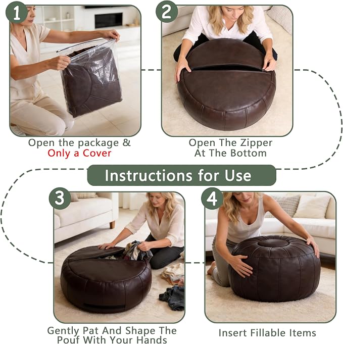 Thgonwid Unstuffed Moroccan Storage Pouf Foot Stool Ottoman Seat Handmade Faux Leather Bean Bag Floor Chair Foot Rest for Living Room, Bedroom or Balcony (Deep Coffee)