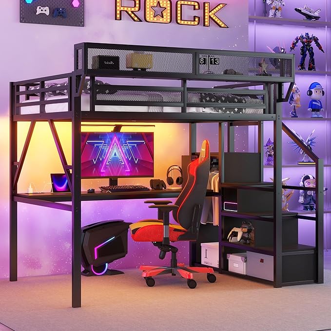 KEIKI Full Size Metal Loft Bed Frame with Desk, Staircase, Built-in Storage Shelves and Wardrobe, Modern Loft Bed with Solid Slats, Guardrail, No Box Spring Required, Easy Assembly, for Bedroom, Black