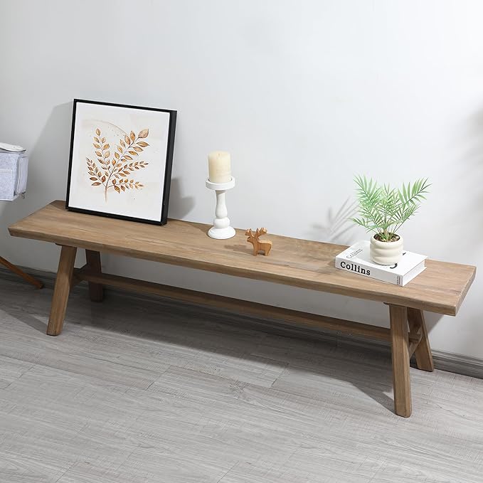 Wnutrees 63" Farmhouse Wood Bench, Rustic Solid Wood Dining Room & Entryway Bench Seat for Indoors, Easy Assembly, Natural