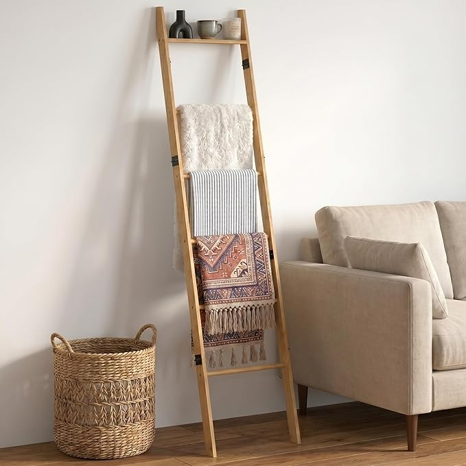 6 Tier Blanket Ladder with Shelf, Wooden Blanket Rack for Living Room, Leaning Towel Ladder Rack for Bedroom, Bathroom, Quilts, Throws, Towels and Farmhouse Décor