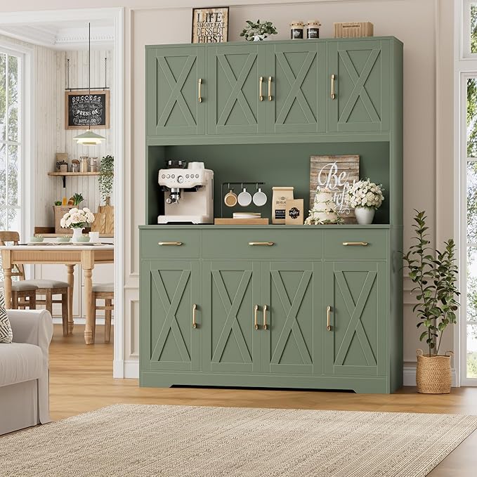 HOSTACK 71" Tall Pantry Cabinet with Charging Station, 55" Wide Kitchen Pantry Storage Cabinet with Countertop, Large Kitchen Hutch with Storage Drawers and Microwave Stand for Dining Room, Green