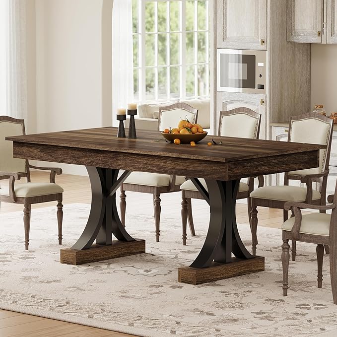 Garvee 71-Inch Dining Table with 2 Drawers,Rectangular Dining Table for 6-8 with Double Pedestal & Sturdy Frame, Industrial Wooden Kitchen Table with Large Tabletop, for Dinner, Walnut