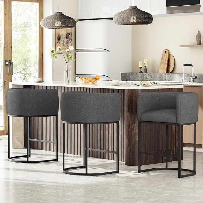 26" H Counter Height Bar Stools Set of 4, Modern Barrel Counter Stools with Backrest and Arms, Linen Fabric Upholstered Accent Barstools for Kitchen Island,Support 450 LBS (Carbon Black)