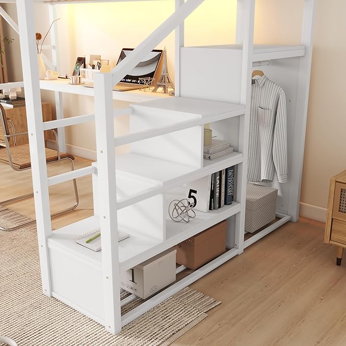 KEIKI Queen Size Metal Loft Bed Frame with Desk, Staircase, Built-in Storage Shelves and Wardrobe, Modern Loft Bed with Solid Slat, Guardrail, No Box Spring Required, Easy Assembly, for Bedroom, White