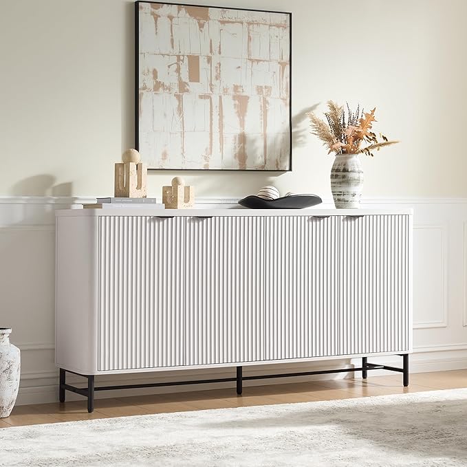 Fatmok 65" Buffet Cabinet with Storage, Fluted Credenza Sideboard with 4 Doors & Adjustable Shelves, Large Coffee Bar Console Table for Dining Room, Living Room, Entryway, White