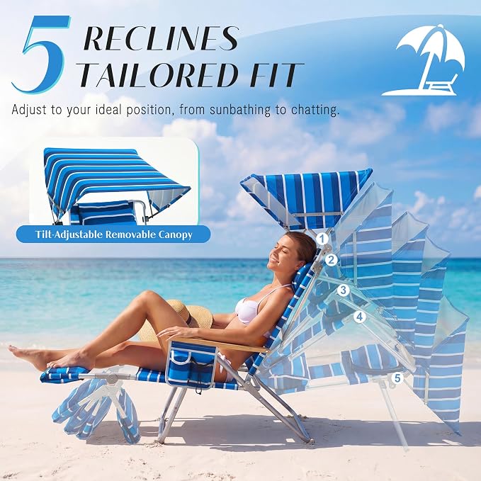 5-Positon Backpack Beach Chair, Portable Folding Tanning Chair, Double Shoulder Straps Beach Lounge Chair with Footrest, Face Hole, Towel Bar (Blue White, 60.6" with Canopy (Set of 2))