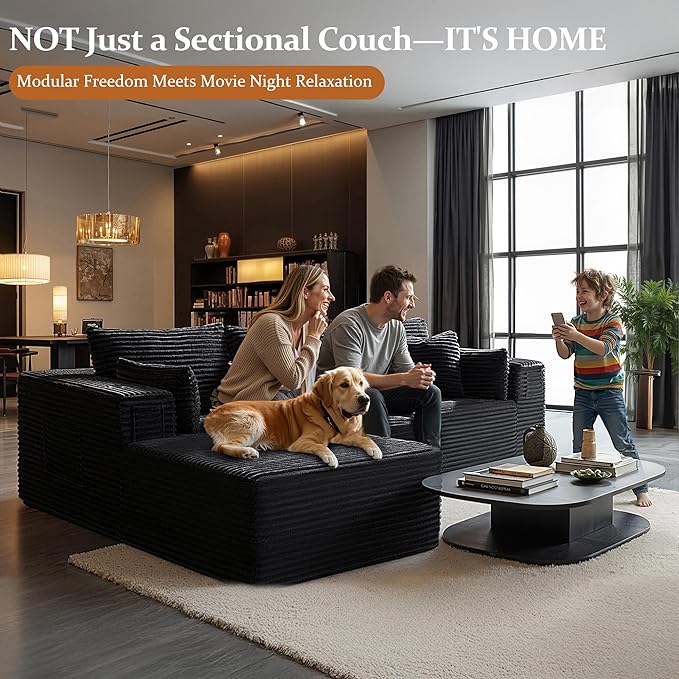 108" Oversized Cloud Sectional Couch, Comfort L Shaped Boneless Couch for Living Room, Extra Deep Seats No Assembly, Modular Sofa, Corduroy (Black, 2 Seater+Right Facing Chaise)