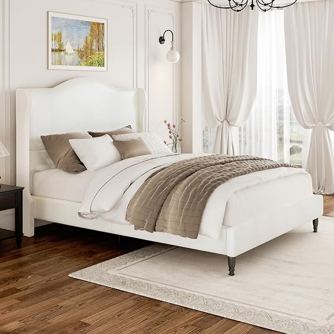 Upholstered Bed Frame with Tall Headboard, Leather Full Platform Bed Frame with Wingback Sides, Wood Slats Support, Noise-Free Design, No Box Spring Needed, Easy Assembly, White