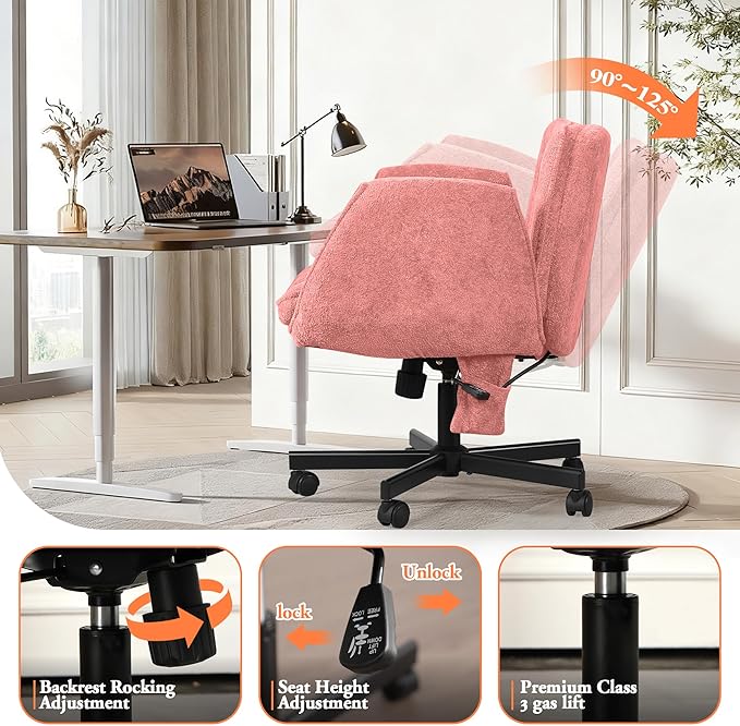 Criss Cross Chair with Lumbar Airbag & Folding Arms Relieve Back Pain, Wide Cross Legged Office Chair for Home Office, Comfy Swivel Desk Chair with Wheels, 5 Level Adjustable Armrest, Chenille(Pink)