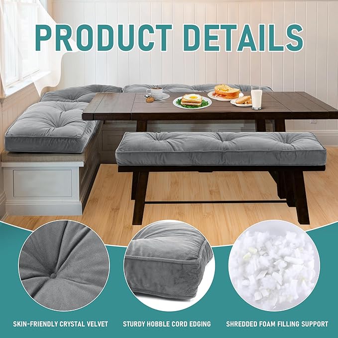 BALAPET Breakfast Nook Cushions Set 4 Piece Cushion Pad Set for Kitchen Breakfast Dining Nook,Shredded Foam Support Fits in Sets with Corner Benches, Mid Century Modern Small Dining Table Sets(Gray)