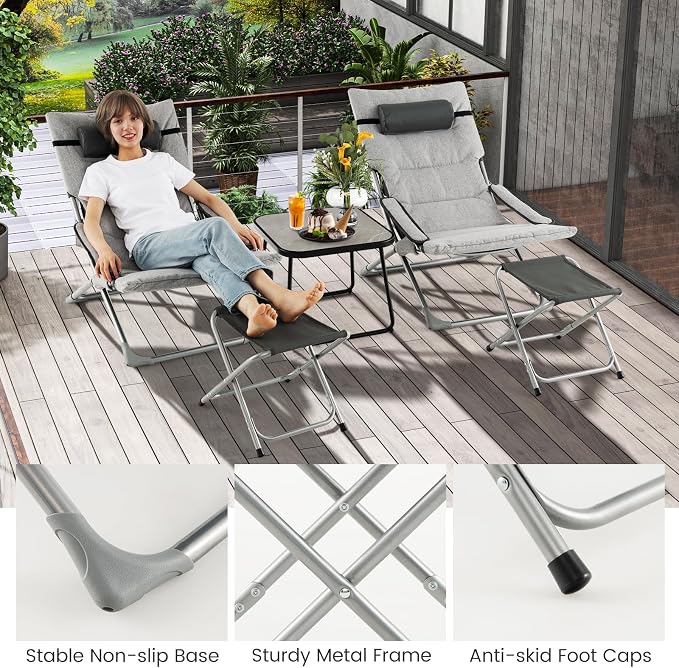 Giantex 5-Piece Patio Bistro Set, Folding Lounge Chairs with Footrest Stool & Side Table, Removable Cushion, Headrest, Armrest, Outdoor Conversation Furniture for Porch Balcony Yard Pool