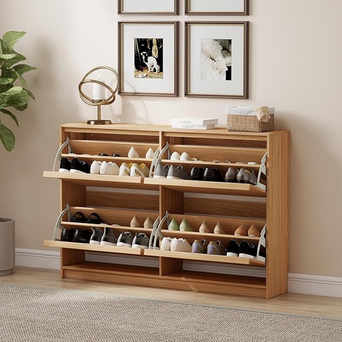 Shoe Cabinet with 4 Flip Drawer, 47.24" W Shoe Storage Organizer Cabinet for Entryway, Narrow, Slim Freestanding Shoe Rack with Adjustable Shelf, Wooden, Morden Living Room,Hallway, Oak