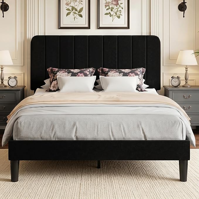 VECELO Full Size Bed Frame with Upholstered Headboard, Velvet Platform Bedframe Mattress Foundation, Strong Wood Slat Support, No Box Spring Needed,Black