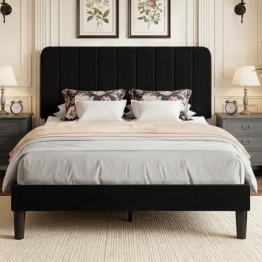 VECELO Full Size Bed Frame with Upholstered Headboard, Velvet Platform Bedframe Mattress Foundation, Strong Wood Slat Support, No Box Spring Needed,Black