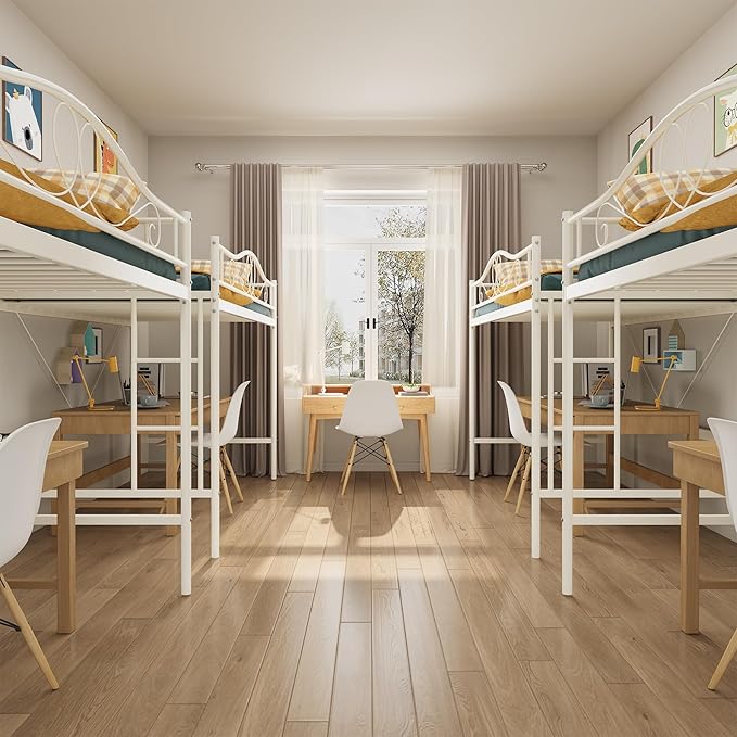 IDEALHOUSE Loft Bed Twin Size with Ladder & Full Safety Guardrail, Heavy Duty Metal Twin Loft Bed 400 Lbs Load Capacity, Space-Saving, Noise Free, No Box Spring Needed, Easy Assembly, Cream White