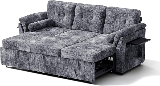 Convertible Sleeper Sofa Bed, 63 Inch Chenille Pull Out Couch with Side Table & Adjustable Backrest, Sectional Sleeper Sofa with Pull Out Bed for Living Room, Apartment, Gray