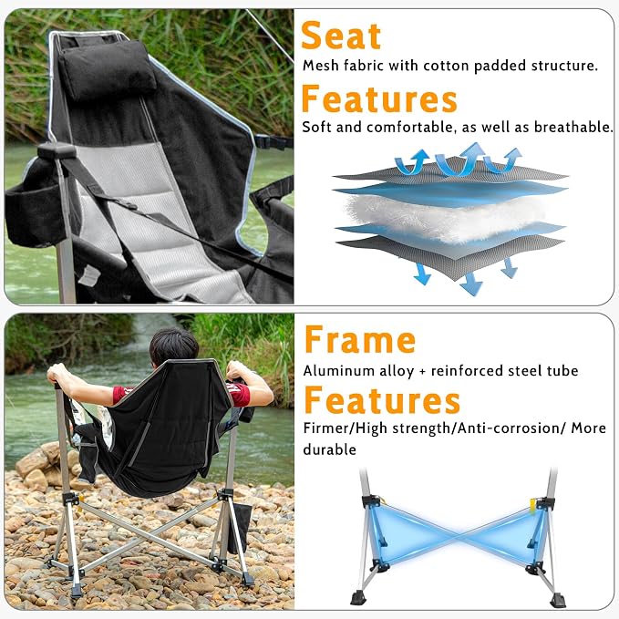 2 Pack Oversized Swing Hammock Camping Chairs with Footrests & Headrests, 440LBS Aluminum Reclining Outdoor Lounge Chairs, 49" Tall Folding Chairs with Cup Holders,Black