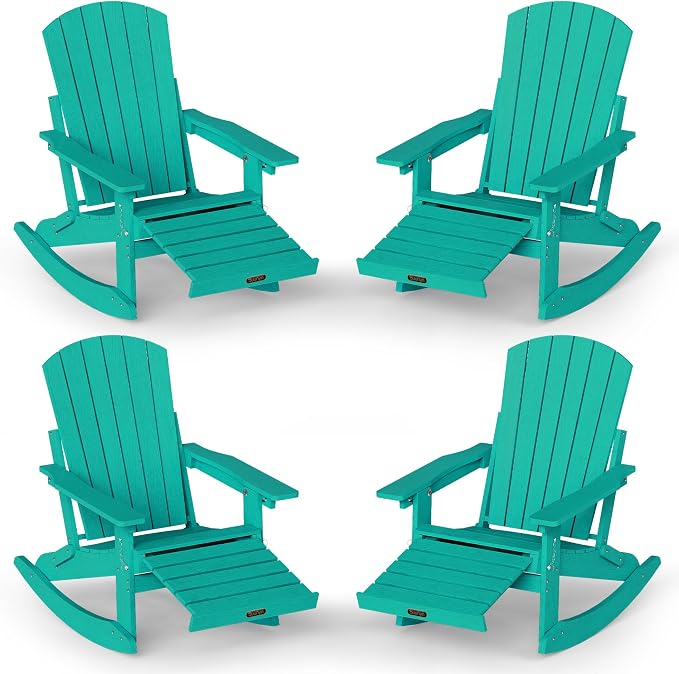 Adjustable Adirondack Rocking Chair Set of 4 with Retractable Ottoman Footrest, 4-in-1 Foldable HDPE Outdoor Rocker, Weather Resistant Adirondack Chair for Porch, Garden & Poolside, Lake Blue