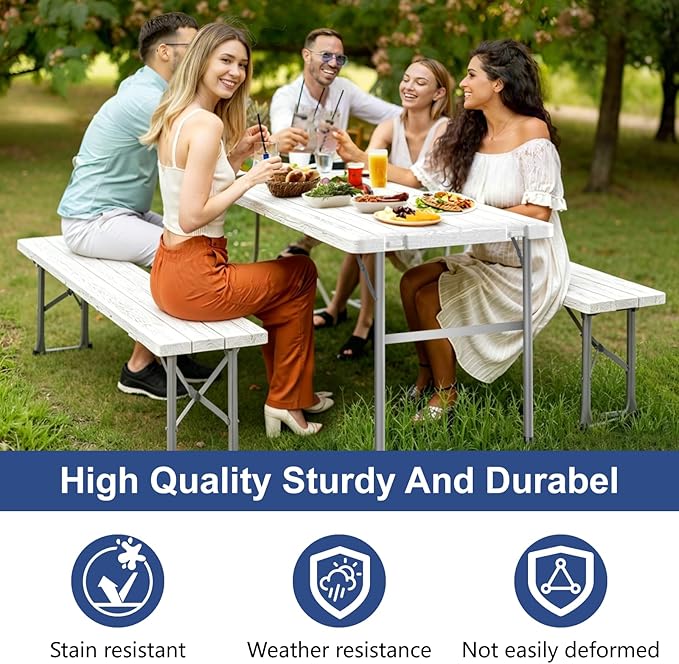 Folding Table with 2 Benches Set, 6FT Picnic Table with 2 Chairs, 3pcs Plastic Camping Tables and Foldable Bench Sets Indoor & Outdoor for Party, Camping, Picnic, Wedding, BBQ, White