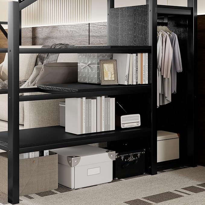 KEIKI Twin XL Size Metal Loft Bed Frame with Convertible Staircase, Built-in Storage Shelves & Wardrobe, Loft Bed with Solid Slat & Guardrail, No Box Spring Required, Easy Assembly, for Bedroom, Black