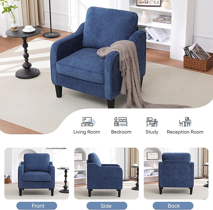 Accent Chairs Set of 2, Upholstered Living Room Chairs with Side Pockets, Mid Century Modern Reading Chair for Bedroom, Comfy Armchair Single Sofa Side Chair for Office, Small Room, Blue