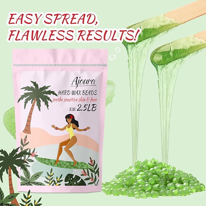 Ajoura 2.5LB アロエハードワックスビーズ 敏感肌用プレミアムワックス 全身、ビキニ、顔、眉、背中、胸、脚、脇の下に最適 大容量詰め替え用 自宅＆サロン脱毛用 (グリーン)