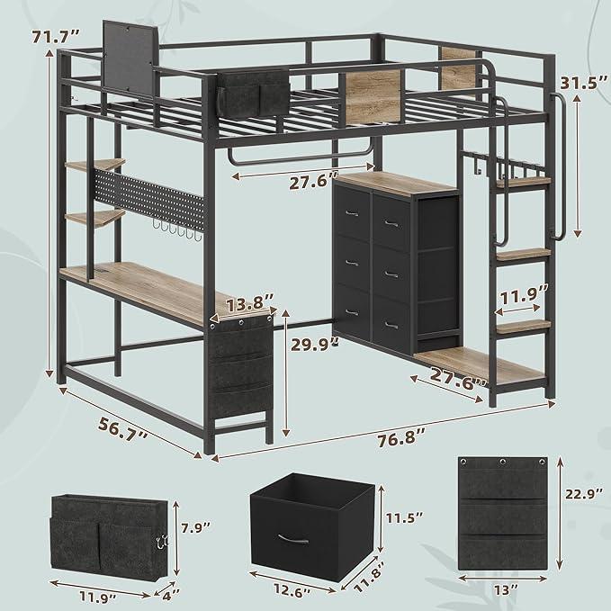 Dnxao Full Size Loft Bed with Desk, Heavy Duty Metal Bed Frame for Teens Adults, 6 Storage Drawers, Power Outlet with Type-C, LED Lights, Integrated Study Workstation for Small Room,Oak Gray