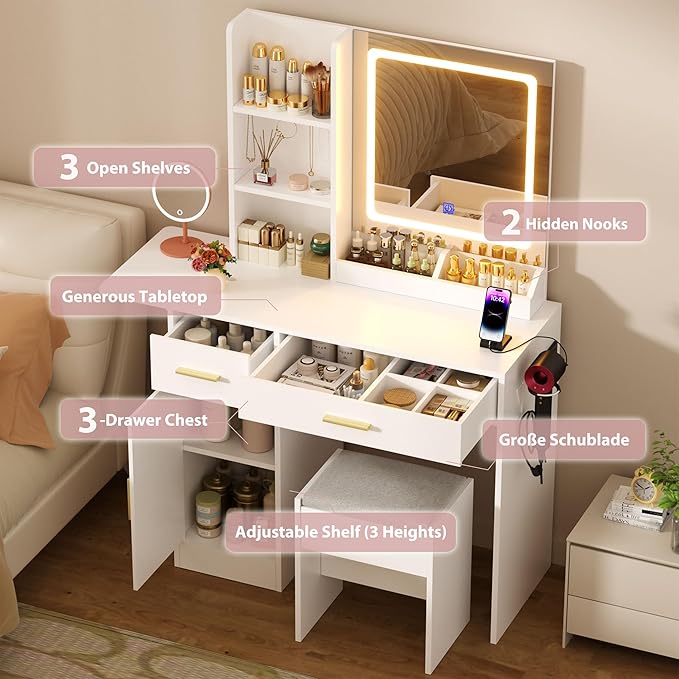 ERLEJIA Vanity Desk with Mirror and Lights & Extral Foldable Desk, 31.5" & 39.3" Makeup Vanity Table with 4 Drawers and 3 Open Shelves, Dressing Table for Bedroom, White