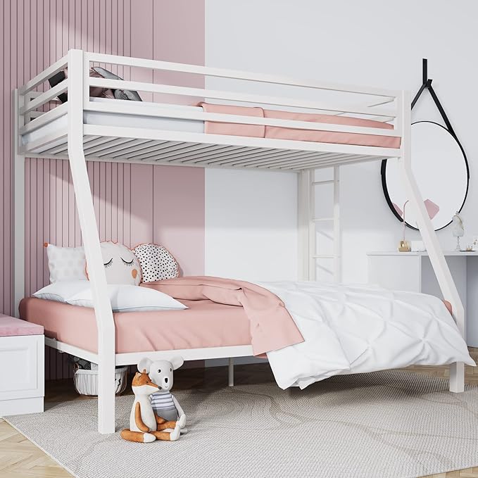 SHA CERLIN Loft Bunk Bed Twin Over Full Size with Ladder and Guardrail,Heavy Duty Metal Slats Support No Box Spring Needed Small Space Saving Furniture for Bedroom Dorm,White
