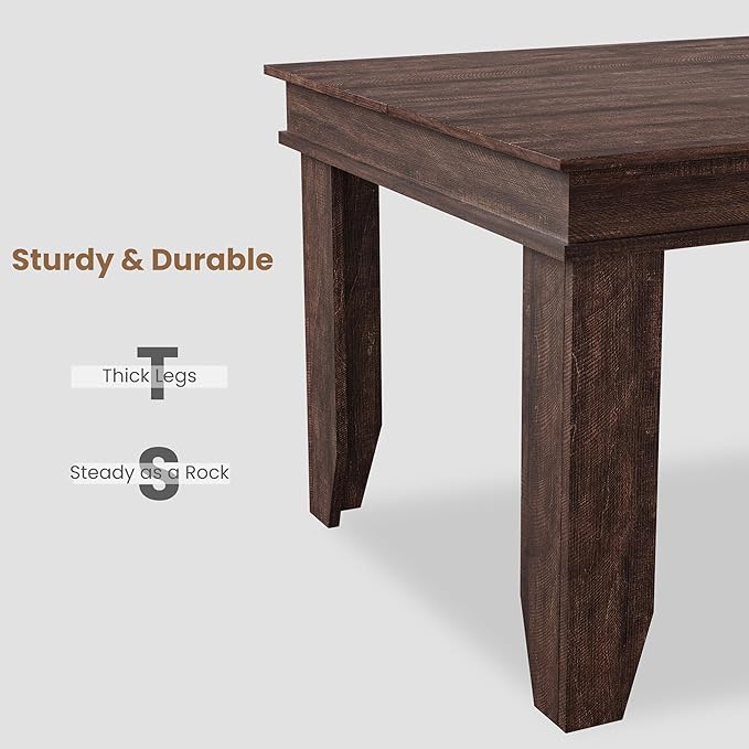 GarveeHome Farmhouse Dining Table for 4-6 People, 63 in Long Kitchen Tables with Wooden Sturdy Frame, 5 ft Large Rectangular Dinner Table for Dining Room, Kitchen, Dark Walnut, 63" Non-extendable